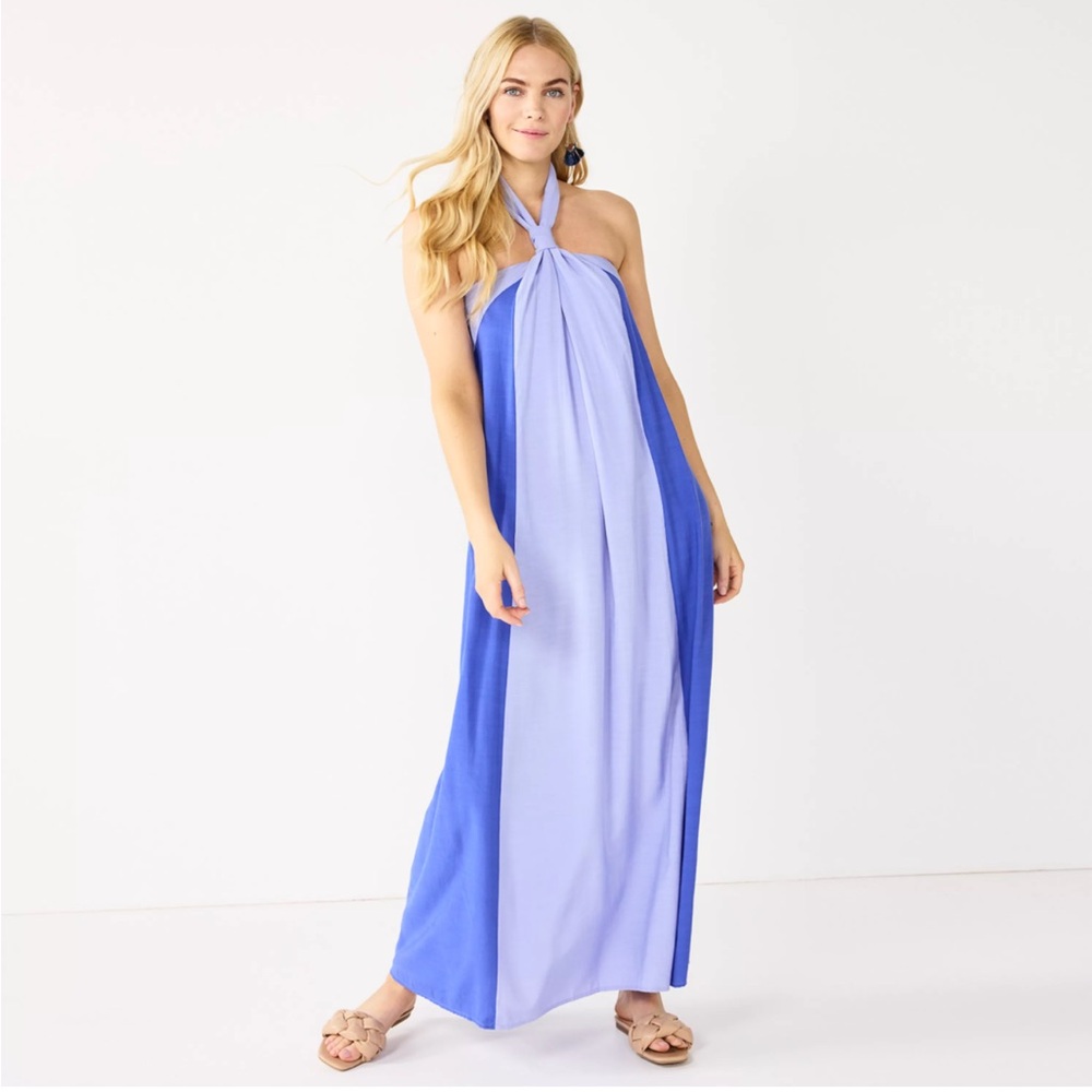 Nine West Halter Neck Colorblock Blue Maxi Dress XL